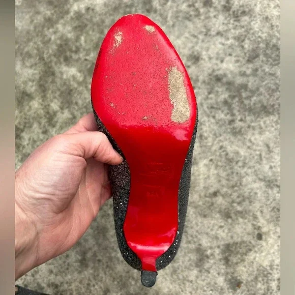 Christian Louboutin Metallic Grey Glitter Very Prive Peep Toe Pumps, Size 38.5 - Picture 12 of 16
